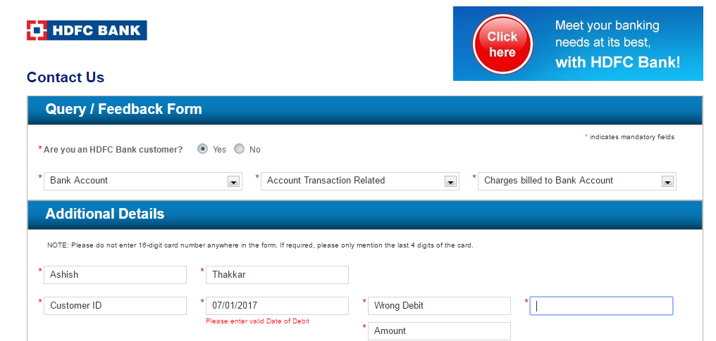 please enter valid date of debit hdfc